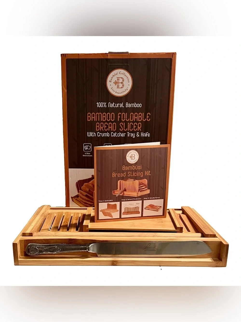 Bamboo Bread Slicer Foldable Adjustable Cutter with Stainless Knife Bambusi Open